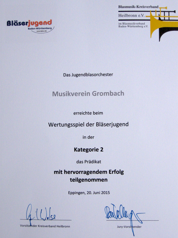 Urkunde vom Wertungsspiel 2015